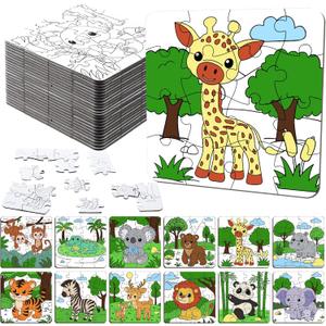 24 Pack Wild Animal Color Your Own Jigsaw Puzzles for Kids 3-5, 4-6, 6-8, Coloring Crafts DIY Paper Puzzles Party Favors Gifts for Toddler Children Learning Education Toys