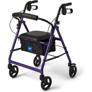 Medline Aluminum Rollator Walker with Seat, Purple, 250 lb. Weight Capacity, Lightweight, 6” Wheels, Foldable, Adjustable Handles, Rolling Walker for Seniors