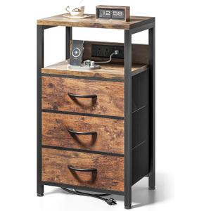 Lazzanto NightStand Bedside Charging Table Bedroom - Night Stand with Charger Station, Modern Nightstand with Open Shelf & 3 Fabric Drawers, Bed Side Table USB-C Port for Dorm Living Room