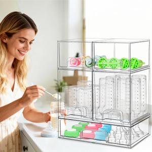 Baby Bottle Organizer for Countertop with Dust Protection, 5Pack Stackable Baby Organizers and Storage for Bottles, Clear Acrylic Container with Drawer for Kitchen, Cabinet, Vanity, Bathroom, Pantry