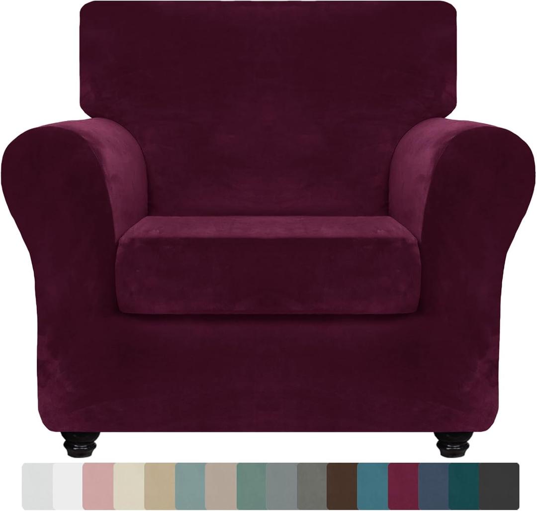 ZNSAYOTX Luxury Velvet Chair Slipcovers with Arm 2 Piece Stretch Chair Covers for Living Room Thick Soft Armchair Slipcover Anti Slip Dog Pet Friendly Furniture Protector (Wine Red),30"-47"(1 CUSHION)