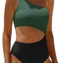 Women's One Piece Swimsuit- One Shoulder Bathing Suit Cutout Tummy Control Swimwear (X-Large, Green and Black)