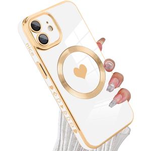 Magnetic for iPhone 11 Case [Compatible with Magsafe] Cute Love Luxury Plating Edge Bumper with Full Camera Lens for iPhone 11 Phone Case, White (6.1")