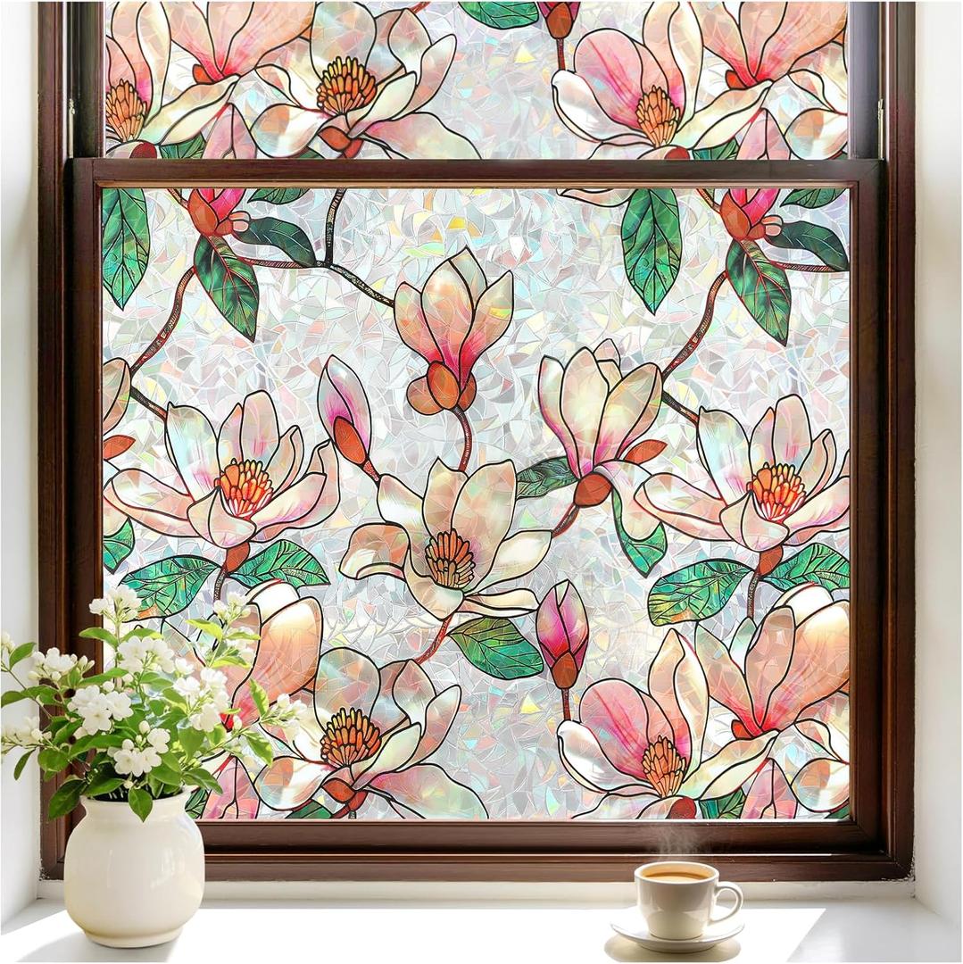 rabbitgoo Stained Glass Window Privacy Film, Magnolia, 23.6" x 78.5"