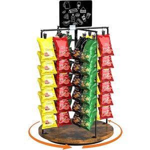 Nuovoware Chip Rack Display Stand, 50 Clips Snack Organizer with 360 Rotating and Wooden Base, Chip Holder for Snack Bar Station, Concession Stand, Retail Display, Brown+Black