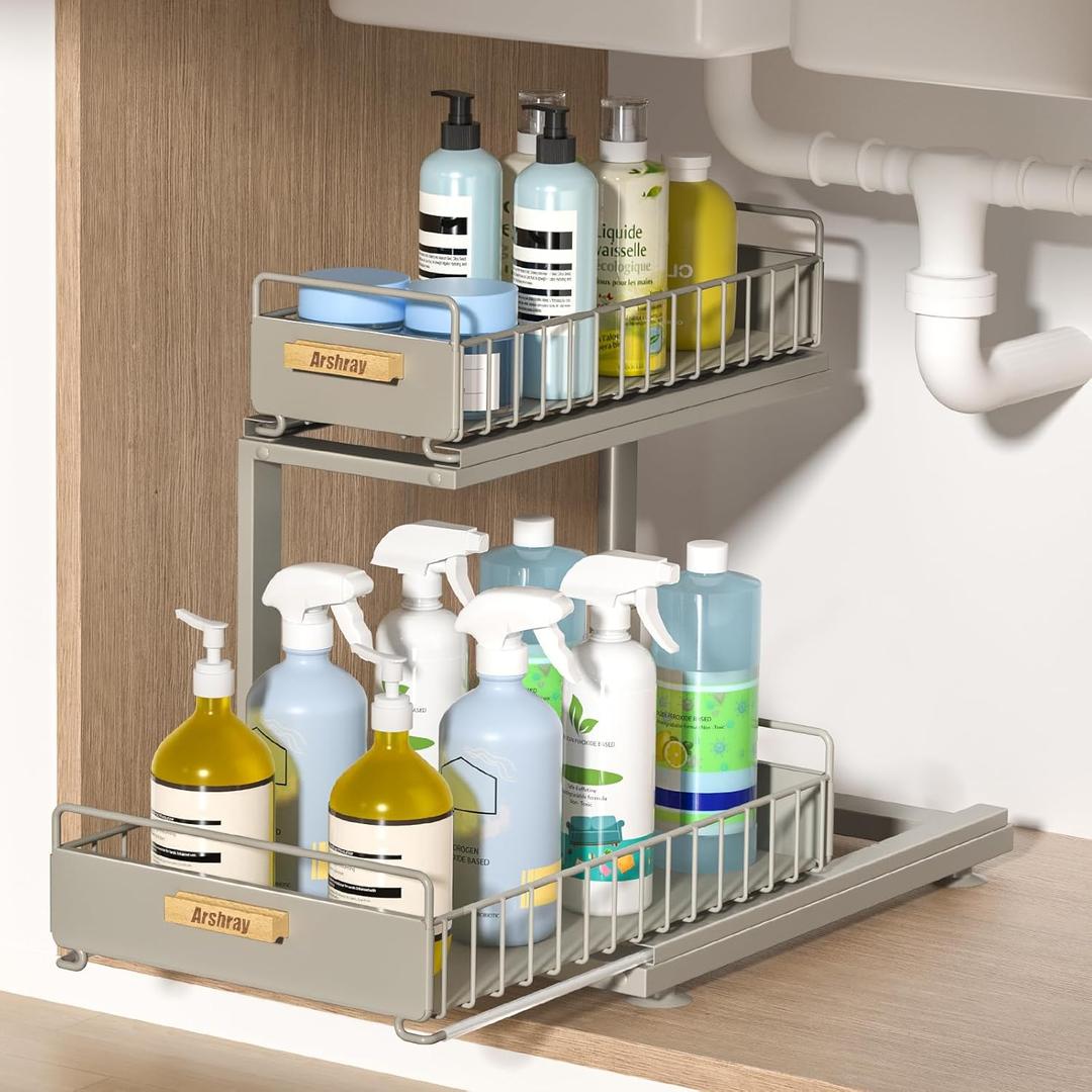 Under Sink Organizer Kitchen - Bathroom Organizers and Storage 2 Tier, Mute Pull Out Cabinet Organizer and Storage Shelves, Slide out Kitchen Organization with Track for Pantry, Grey (Double Layer)