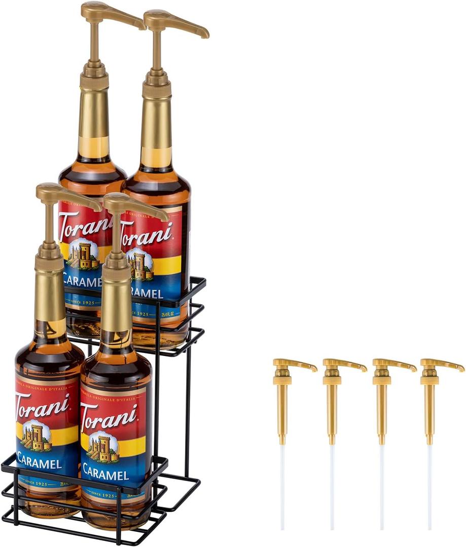 Coffee Syrup Organizer, 4 Bottle Capacity Syrup Stand, 2 Tier Syrup Rack for Coffee Bar Accessories with 4 Coffee Syrup Pump, Syrup Holder for Kitchen, Storage for Syrup, Wine, DressingBlack