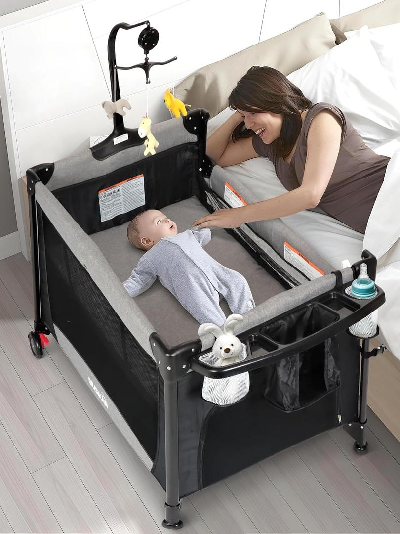 BIUSIKAN Baby Bassinet, Pack and Play with Bassinet, Bedside Sleeper with Diaper Changer, Mosquito Net, Music Box, Portable Crib with One-Click Installation, Playard for Newborn to Toddlers