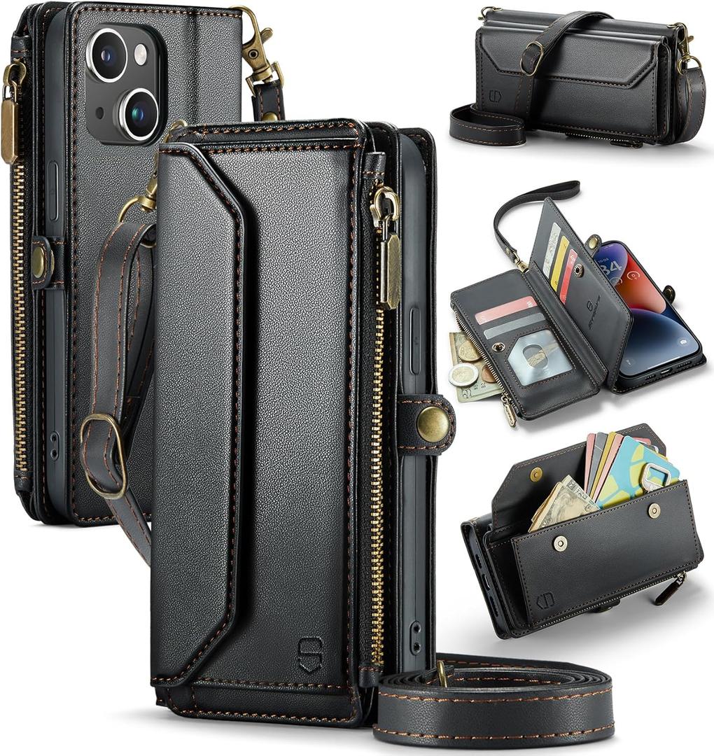 Wallet Case Compatible with iPhone 13 RFID Blocking 7-Card Holder Soft PU Leather Magnetic Snap Shoulder Strap Zipper Pocket Phone Case Fit for iPhone 13 for Women 6.1" - Black