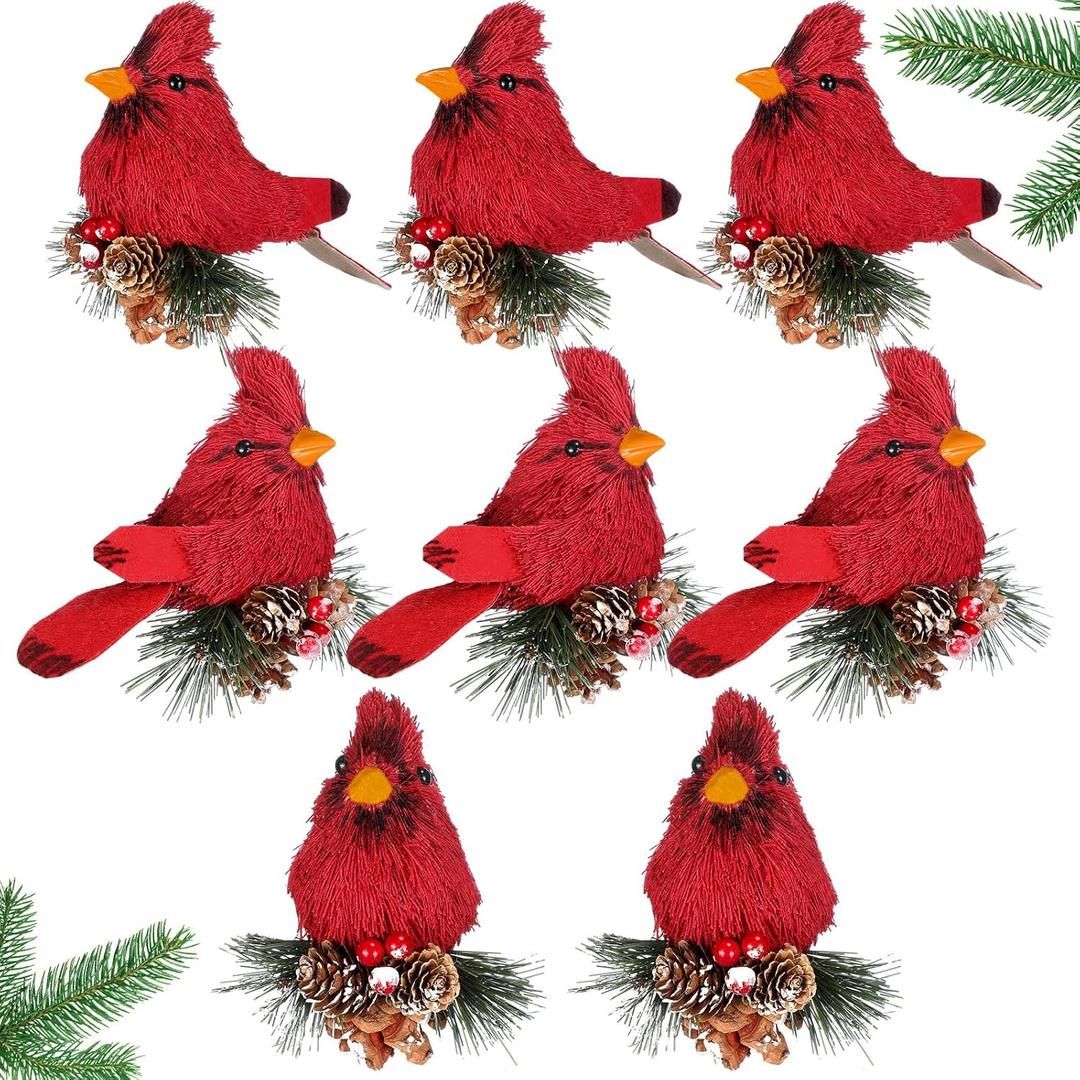 Namalu 8 Pcs Memorial Cardinal Ornaments for Christmas Tree Red Sisal Artificial Bird with Pine Cones Sympathy Gift Natural Rustic Red Bird Tree Hanging Decorations for Xmas Home Garden Wreath