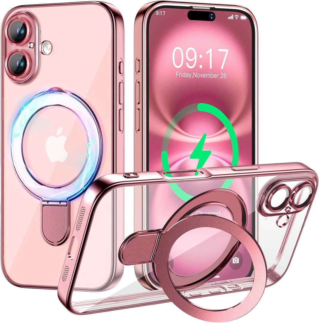 Magnetic for iPhone 16 Case with Invisible Stand[Compatible with MagSafe][Full Camera Lens Protector][Military Drop Protection] Shockproof Not Yellowing Clear Soft Slim for Women Men, Pink