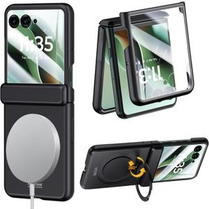for Motorola Razr Ultra 2025 Case with MagSafe, Built-in 360 Magnetic Rotatable Ring Stand, Screen Protector & Hinge Protection, Thin & Slim Magnetic Stand Phone Case 5G, Black
