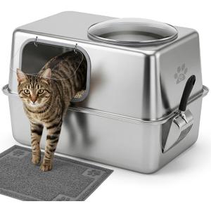 Large Enclosed Stainless Steel Cat Litter Box with Mat & Scoop, Leak-Proof