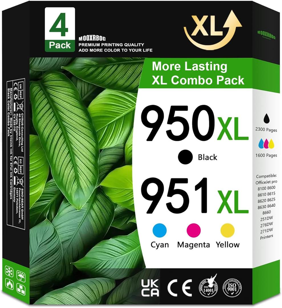 950XL and 951XL Ink Cartridges Combo Pack Replacement for HP Ink 950XL 951XL Combo Pack for Officejet Pro 8600 8610 8620 8100 Printers 4-Pack (Black/Cyan/Magenta/Yellow)