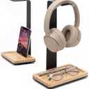 Wooden Headphone Stand with Storage Tray  Rubberwood & Metal Headset Holder with Anti-Slip Base, Scandinavian Desk Headphone Stand for Organizing Headphones, Phone, Keys & Accessories
