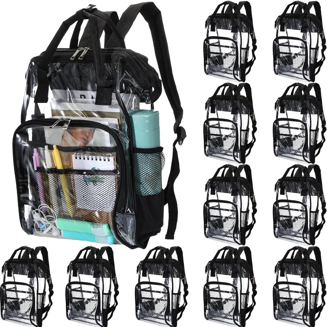12 Pack Heavy Duty Clear Backpacks Bulk, 15" Transparent Bookbags for School, Waterproof PVC Work Bag with Reinforced Straps (Black), 15.35 x 10.63 x 4.33 inches / 39 x 27 x 11 cm