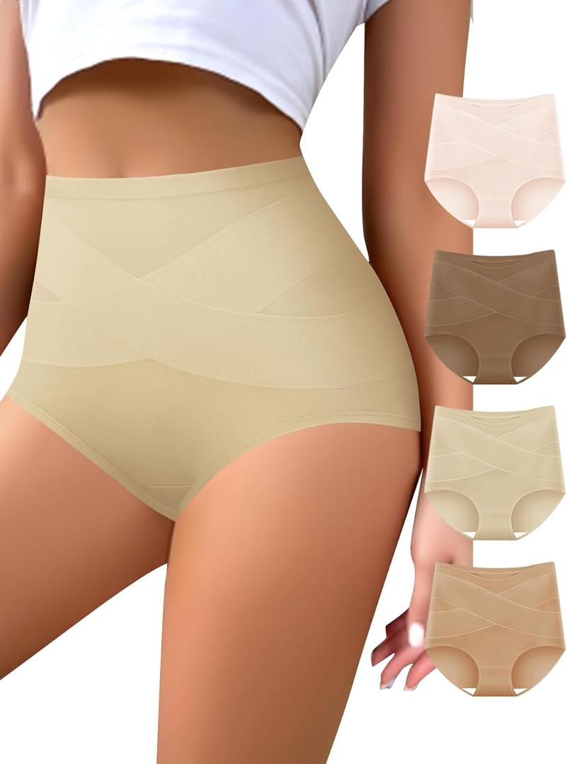 Women's High Waisted Underwear Slightly Tummy Control Cotton Panties Full Coverage Postpartum Briefs 4 Pack (L)