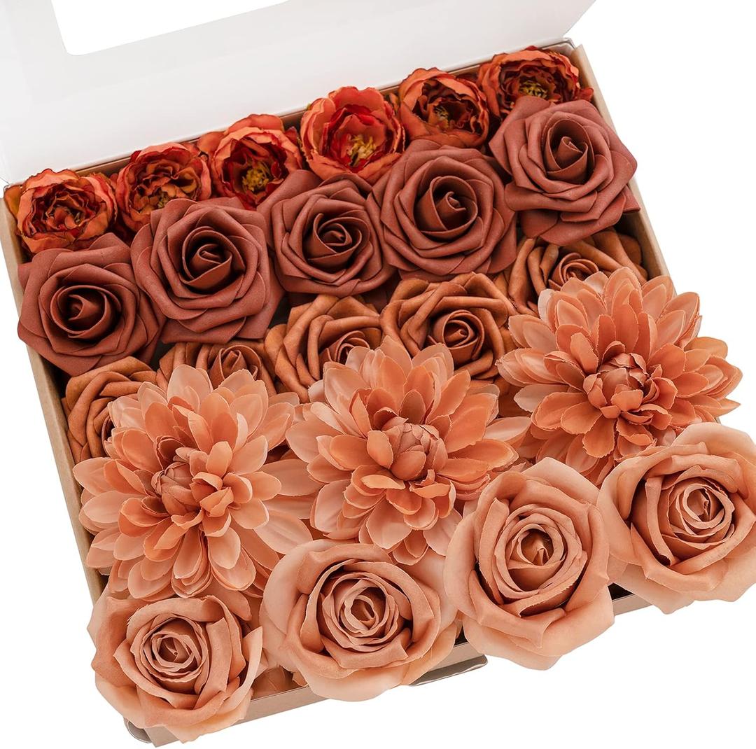 Ling's Moment Artificial Flowers Fake Silk Dahlia Faux Foam Roses Combo for DIY Wedding Bouquets Centerpieces Arrangements Bridal Shower Party Home Decorations, Amber & Terracotta, 23pcs