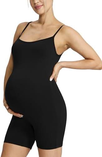 POSHDIVAH Women's Maternity Spaghetti Strap Bodysuit Shorts Pregnancy Bodycon Jumpsuit Sleeveless Tank Top Romper Shapewear, L