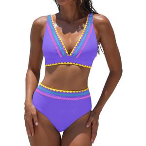 popvil High Waisted Bikini Set for Women Two Piece Tummy Control Swimsuit Color Block Bathing Suit Beach Vacation 2026 (Purple, L)