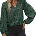 Long Sleeve Blouses for Women, Leopard Print Chiffon Tops V Neck Loose Business Shirts Casual Work Tunic (Green, XL)