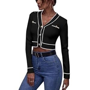 Floerns Women's Contrast Binding Long Sleeve V Neck Button Front Cardigan Outerwear Black M