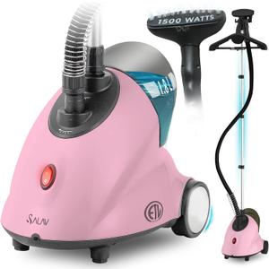 SALAV GS18-DJ Standing Garment Steamer with Roll Wheels for Easy Movement, 1.8L Water Tank for 1 Hour Continuous Steaming, Adjustable Pole for Storage, 1500 watts, Includes Descaler Packet, Pink