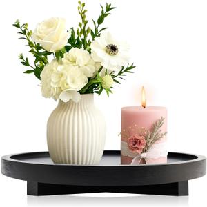 Large Decorative Wooden Tray for Kitchen Counter Bathroom Sink Vanity Trays Round Wood Riser Candle Pedestal Stand for Perfume Soap Tray Round Dining Coffee Table Modern Farmhouse Decor Tray (12 Inch, Black)