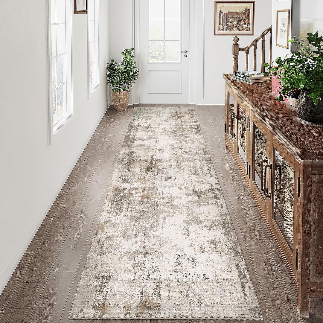 3x10 Washable Runner Rug Brown Grey Abstract Non Slip Soft Low Pile Hallway Kitchen Rug Neutral Modern Carpet for Laundry Bathroom Bedroom Living Room Home Decor