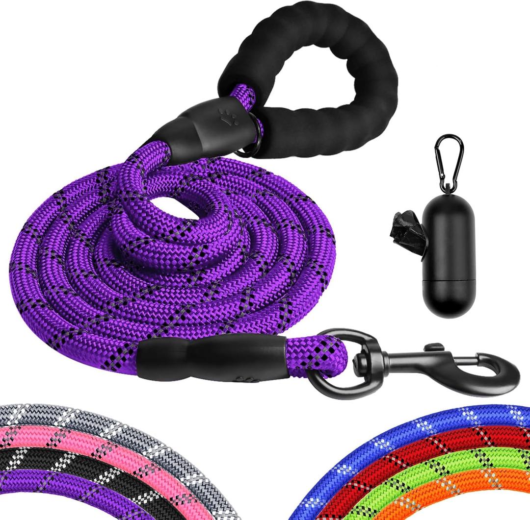 Heavy Duty Dog Leash for Large Medium Small Breed Dogs, Reflective Rope Dog leashes with Comfortable Handle,4/5/6 FT Pet Puppy Leash for Night Walking with Poop Bag Holder,Purple,1/2 inch