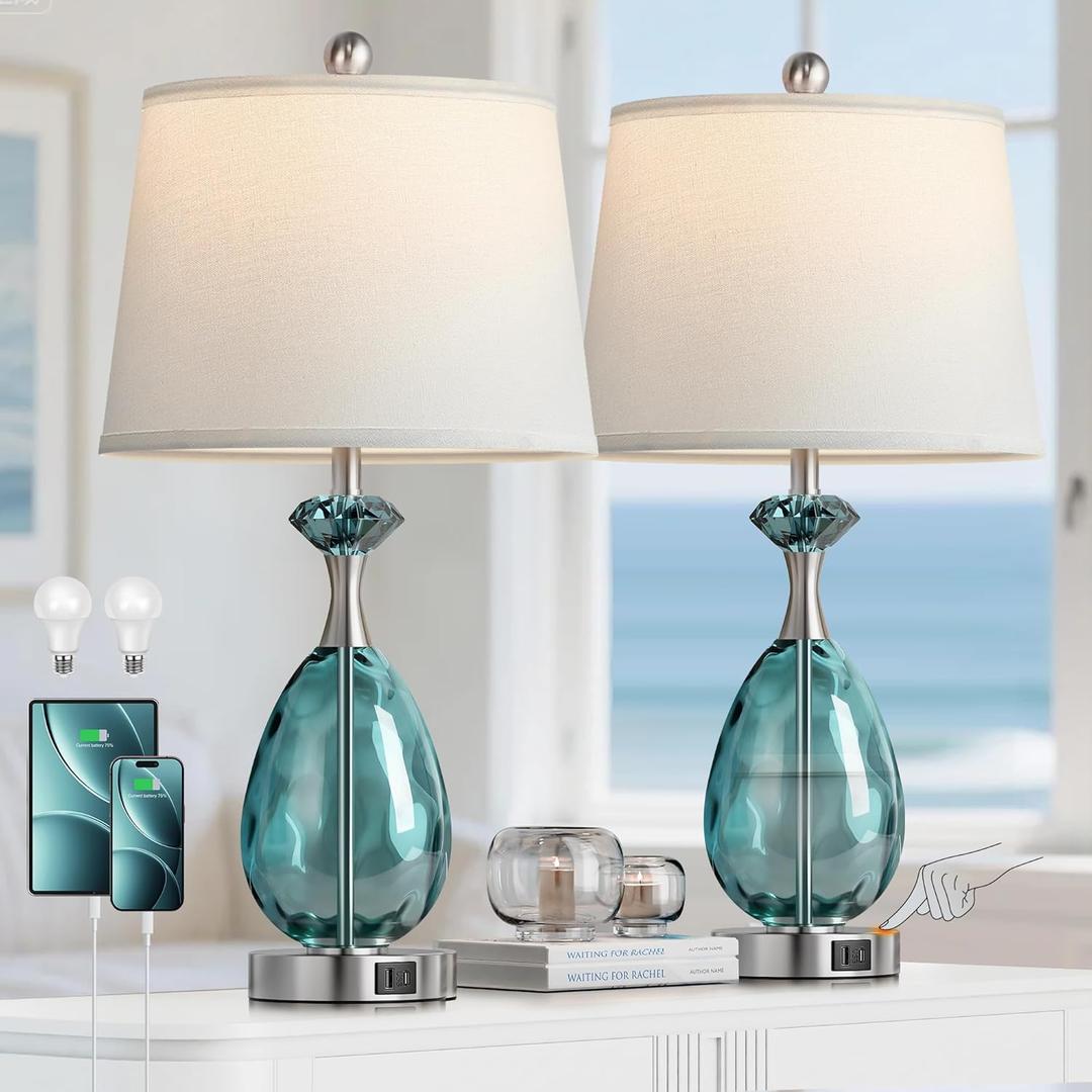Coastal Glass Table Lamps Set of 2, 3-Way Dimmable Touch Control Nautical Lamp with USB A+C Ports,Bedside Lamp Beach Decor,Nightstand Lamp with White Shade for Living Room Bedroom(LED Bulbs Included) (Blue)