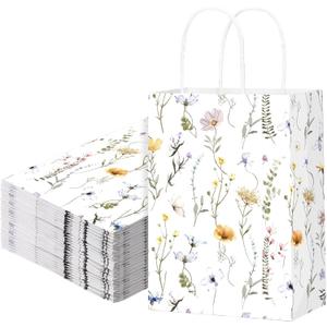 Marspark 24 Pcs Wildflower Paper Gift Bags for Wedding Bridal Baby Shower Engagement Birthday Party Supplies Floral Treat Bag with Handles Candy Goodie Bags for Guests, 8.3'' x 5.9'' x 3.1''