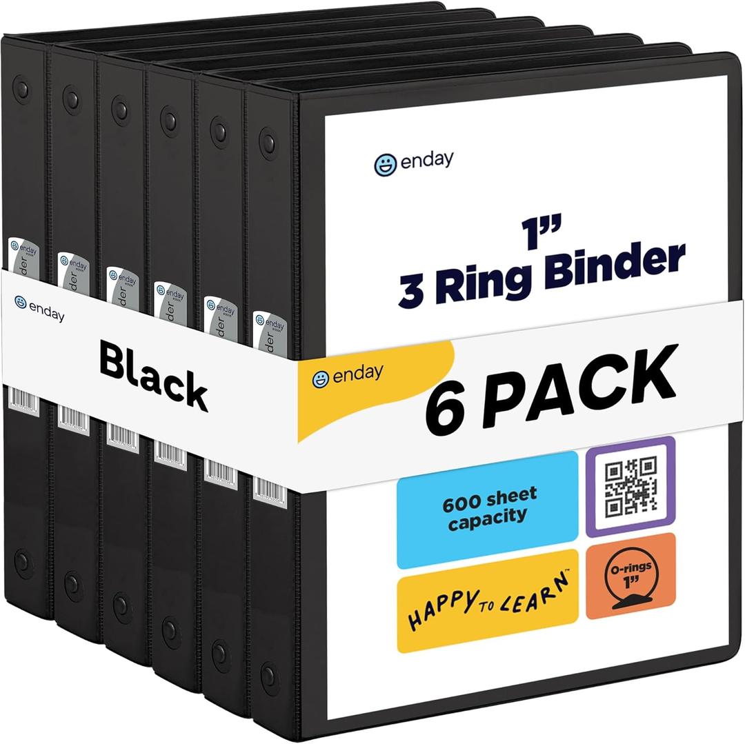 1 Inch 3 Ring Binder 1 Binder Black Clear View Cover with 2 Inside Pockets, Colored School Supplies Office and Home Binders, 6 Pack  by Enday