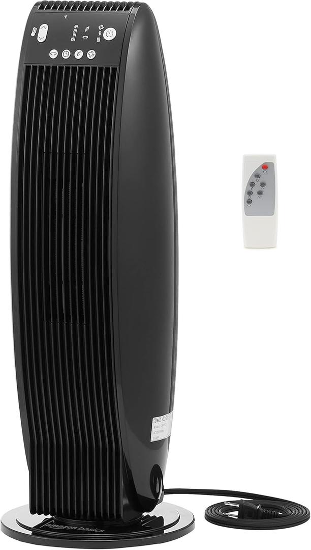 Amazon Basics Oscillating Tower Heater, With Digital Display, Remote Control, Timer, Over-Heat and Tip-Over Protection, Room Temperature Sensor, 2 Heat Settings, 1500W, Black, 8.6"D x 8.6"W x 23"H