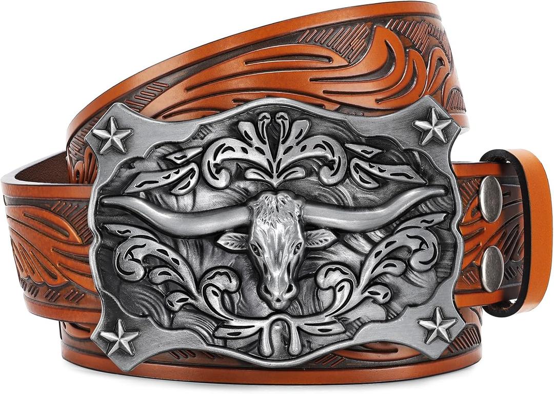 SANSTHS Cowboy Belt Western Belts for Men Women, Western Leather Belt Cowboy Cowgirl Belt Embossed Leather Belt for Jeans (for 28"-32" Waist, Silvery Bull/ Brown Belt)