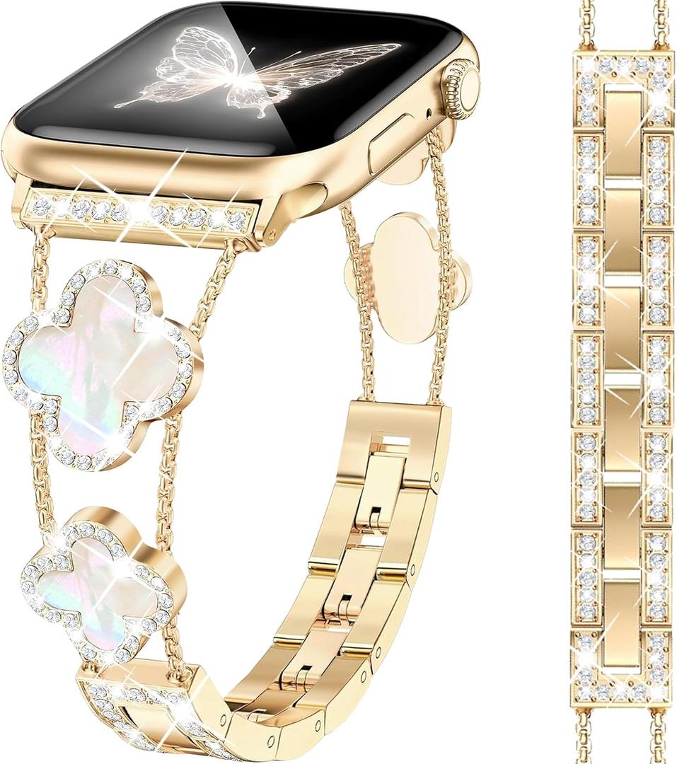 Bling Diamond Clover Bands Women Compatible with Apple Watch  Lucky Cute Sparkle Dressy Bracelet Metal Strap for iWatch Series Ultra/SE/10/9/8/7/6/5/4/3/2/1, Gold, Size: 46/45/44/49/42mm(Series 1/2/3)