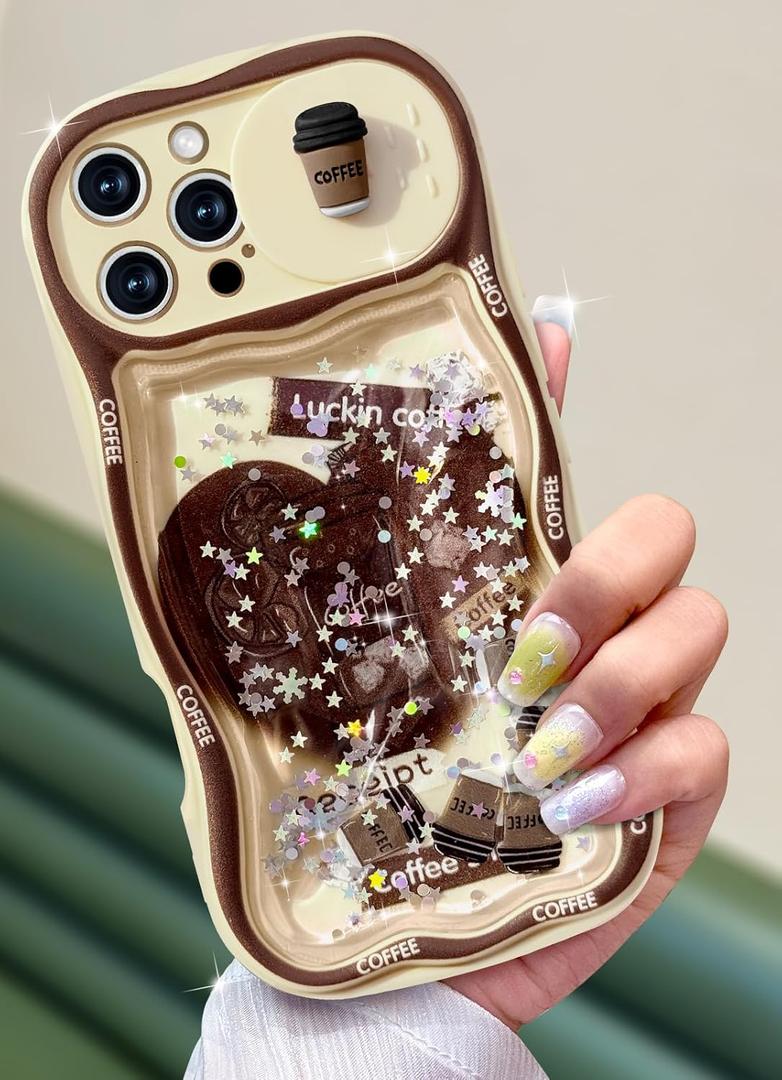 Toycamp for iPhone 16 Pro Max Case - Women Girls Cute Phone Cover Coffee with Sliding Camera Cover Girly Glitter Teens Pretty Cartoon Design Flowing Liquid Quicksand Case for iPhone 16 Pro Max 6.9 "
