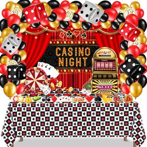 Leyndo 123 Pcs Casino Theme Party Decorations Casino Balloon Arch Garland Kit Black Red Gold Dice Balloons Backdrop Tablecloth Poker Cutouts for Las Vegas Game Night Party Supplies