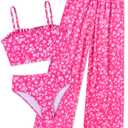 Pink Bikini for Girl Size 9-10 Swimwear Big Girl Bathing Suits 9 10 Girl's Rash Guard White Floret Tankini Flowers Rashguard 3 Pieces High Waisted Swimsuit Pants Ruffle Coverup Cute Swim Bottoms