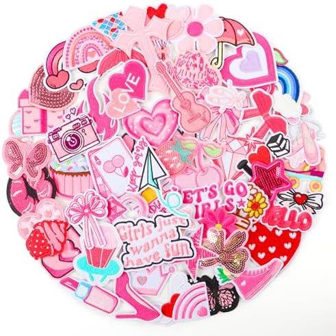NICEVINYL Pink Iron on Patches Girly Random Embroidery Patches for Backpacks Clothing Hats Jackets Pants Decor - Assorted Cute Sew on Appliques for DIY Accessories