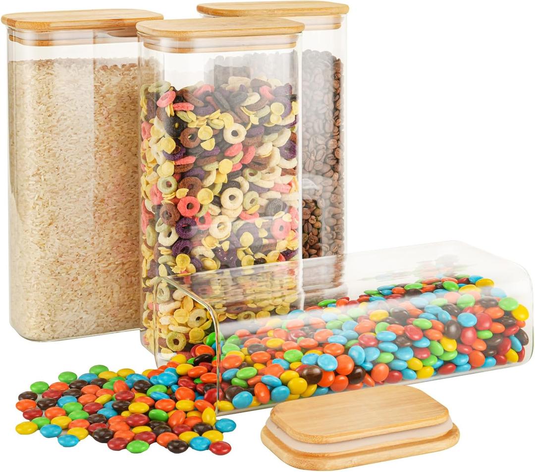D2scrma 64oz Rectangle Airtight Glass Storage Containers with Bamboo Lids (Set of 3), Square Food Storage Jar, Pantry Organizers for Cereal, Flour, Pasta and Coffee beans (with Black Lable)