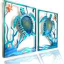 LIFFY Metal Sea Turtle Beach Themed Bathroom Wall Art Decor with Frame-Outdoor Wall Art with LED Fairy Lights, Fish Glass Art Wall Sculpture for Patio,Beach,Garden,Yard,Pool,home gift(2pcs, Blue)