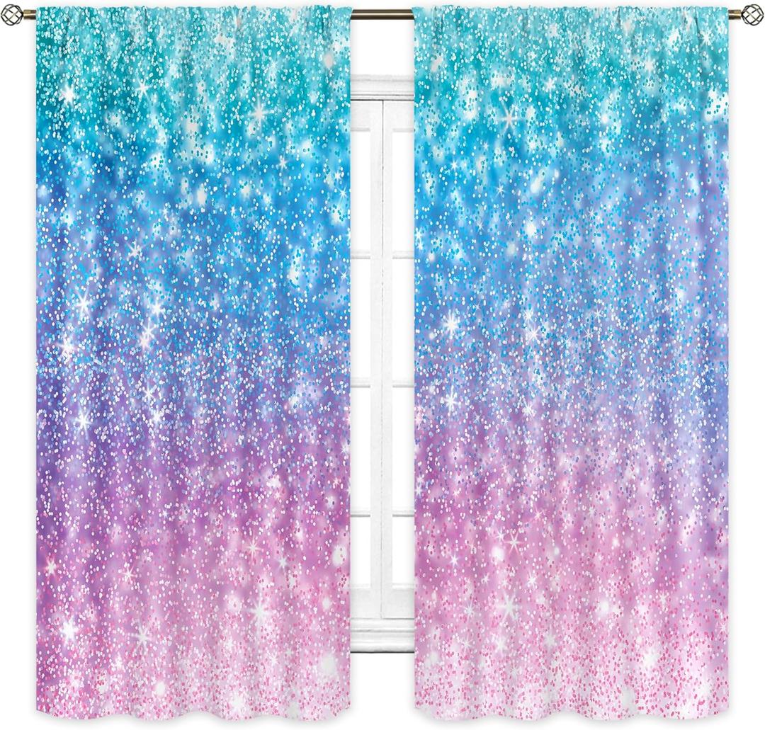 Cinbloo Girly Blue Purple Teal Curtains 42W x 63L Inch Rod Pocket Not Glitter Colorful Pink Spot Girls Bedroom Decor Ombre Turquoise Dots Mermaid Princess Living Room Window Drapes Fabric 2 Panel