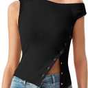 QINSEN Womens Off Shoulder Asymmetrical Tops Diagonal Button-up Closure Split Hem Cropped T Shirts Y2k Tank Top (Black, XL)