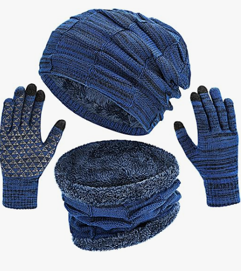 Mens Hat Set Touchscreen Glove Neck Warmer Winter Hats Scarf Gloves Set Slouchy Beanie Knit Fleece Skull Cap (Blue)
