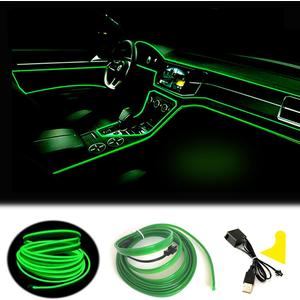 El Wire Green Interior Car LED Strip Lights, 10M Neon Wire USB 5V with Fuse Protection for Automotive Car Interior Decoration with 6mm Sewing Edge (32.8FT/10M)