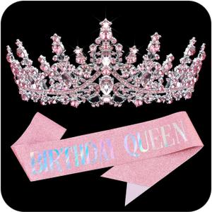 COCIDE Pink Birthday Sash and Crown for Women - Crystal Tiaras Decorations for Girl,Glitter Rhinestone Gifts Headband Sashes Decor,Coronas for Queen,Happy Birthday Accessories Party Favors