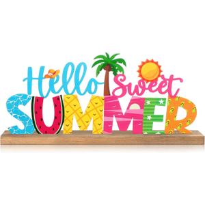 MiniInflat Hello Sweet Summer Metal Sign Summer Decorations for Home Tropical Coastal Table Decor with Wood Base for Home Office Tabletop Centerpiece Decoration Tiered Tray Mantel Shelf Fireplace