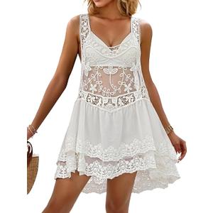 Eomenie Women's Swimsuit Lace Cover Up Loose Sheer Sleeveless Swim Cover Sexy Backless Bathing Suit Coverup Beach Dress (White, XL)