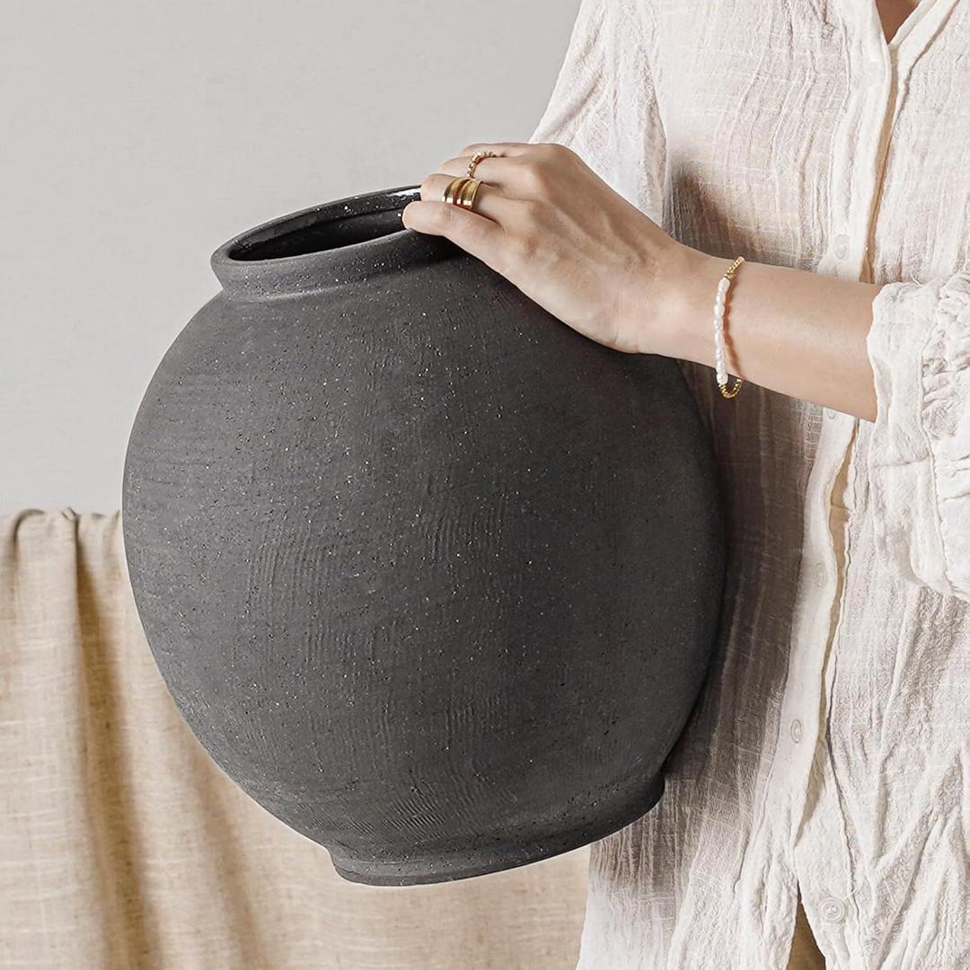 Ceramic Rustic Vase, 10.8 Inch Farmhouse Minimalist Tall Flower Vase for Table, Living Room, Home Decor, Bathroom, Holiday, Wedding, Set of 1, Sandstone Black